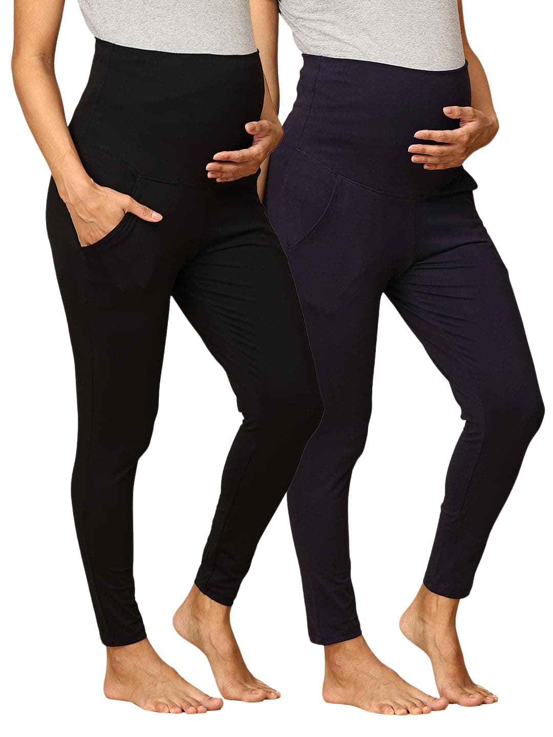 The Mom Store Maternity Leggings | Comfort Stretch Pregnancy Leggings for Women | Over The Belly Design | Maternity Wear for Pregnant Women(Black & Navy, M)