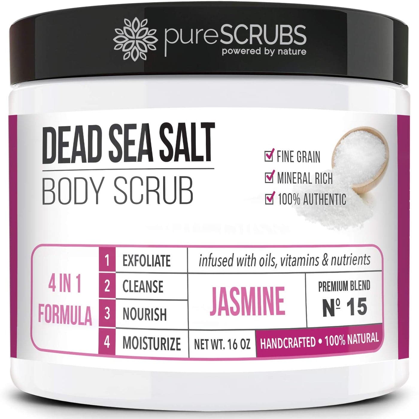pureSCRUBS Premium Jasmine Body Scrub Set Large 16oz Dead Sea Salt Body Scrub With Infused Essential Oils Nutrients Includes Wooden Spoon Loofah Oatmeal Exfoliating Bar Soap