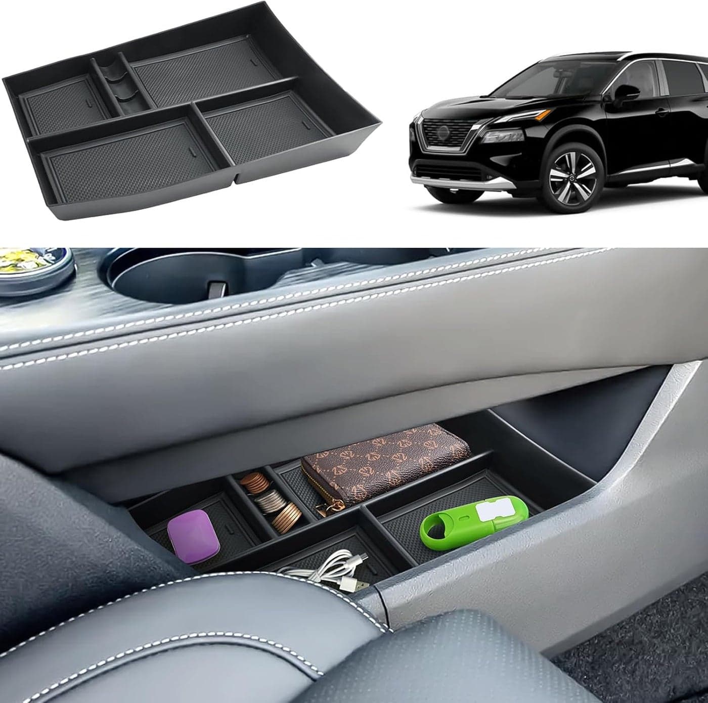 Coleya Center Console Armrest Storage Tray for Nissan Rogue T33 (2021-2025) - Car Organizer with Coin Storage Function (Black)