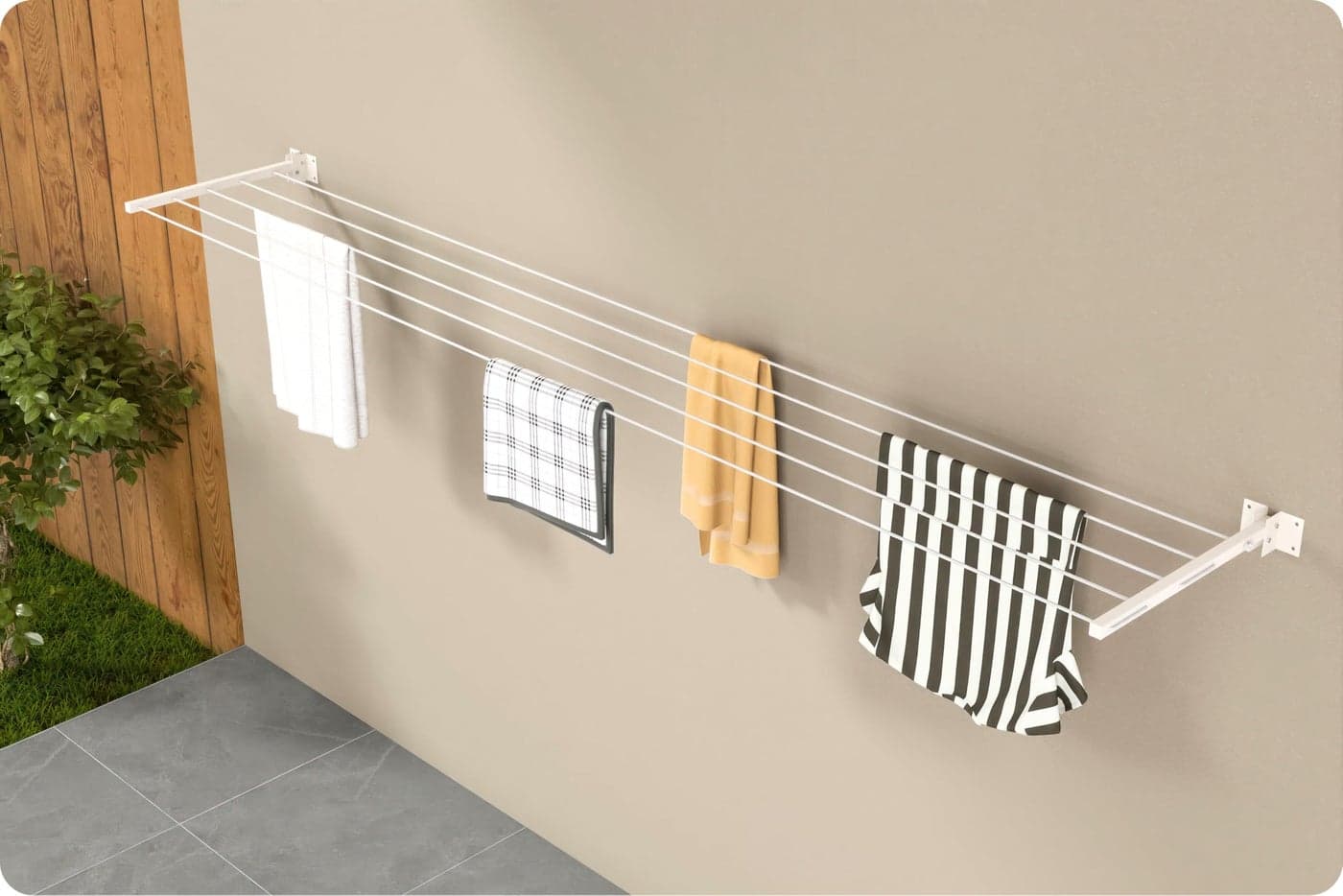Amiraj Powder Coated Premium Metal Foldable Wall Mounted Clothes Drying Stand with 50 Feet Rope/Wall Hanging Clothes Dryer Rack for Balcony & Indoor Use/Space Saving Cloth Dryer Stand(Ivory)