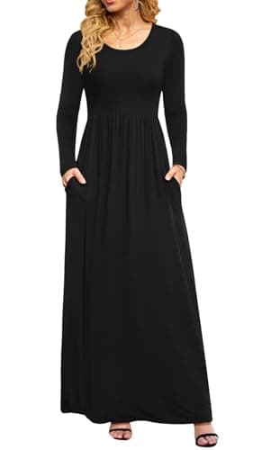 DB MOON Women Plus Size Casual Long Sleeve Black Maxi Dresses Empire Waist Long Dress with Pocket XL