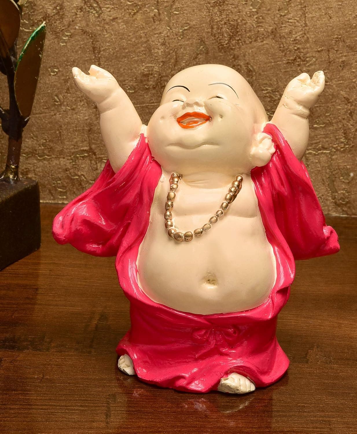 Karigaari India Handcrafted Resine Laughing Buddha Monk Idol Sculpture Showpiece for Home Dcor and Office Pwr135 Pink