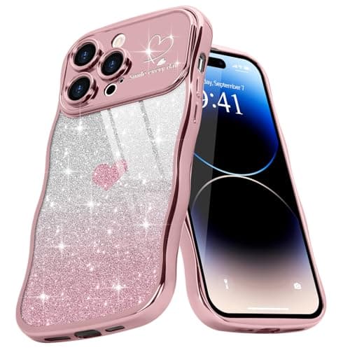 Teageo for iPhone 14 Pro Max Case for Women Girls Cute Curly Wavy Frame Love Heart Glitter Bling Camera Protection Luxury Elegant Shockproof Clear Wave Phone Case for iPhone 14 Pro Max 6.7", Pink