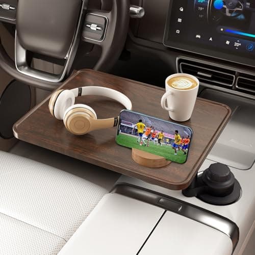 Car Tray Table & Car Laptop Desk with 360° Rotation & Phone Holder - Wooden Cup Holder Table, Car Laptop Mount & Food Tray Compatible with Tesla Model Y/3/S and Most Vehicles