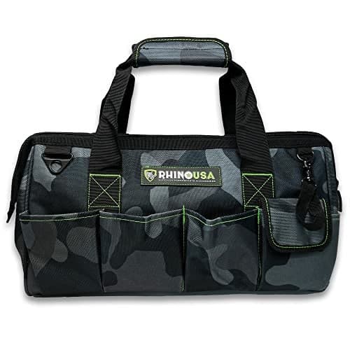 Rhino USA Tool Bag 18Inch Heavy Duty Wide Mouth Tool Tote with Zipper for Men Large Tools Bags with Extra Side Storage Pockets Reinforced Shoulder Strap Upgraded Metal Clips Camo