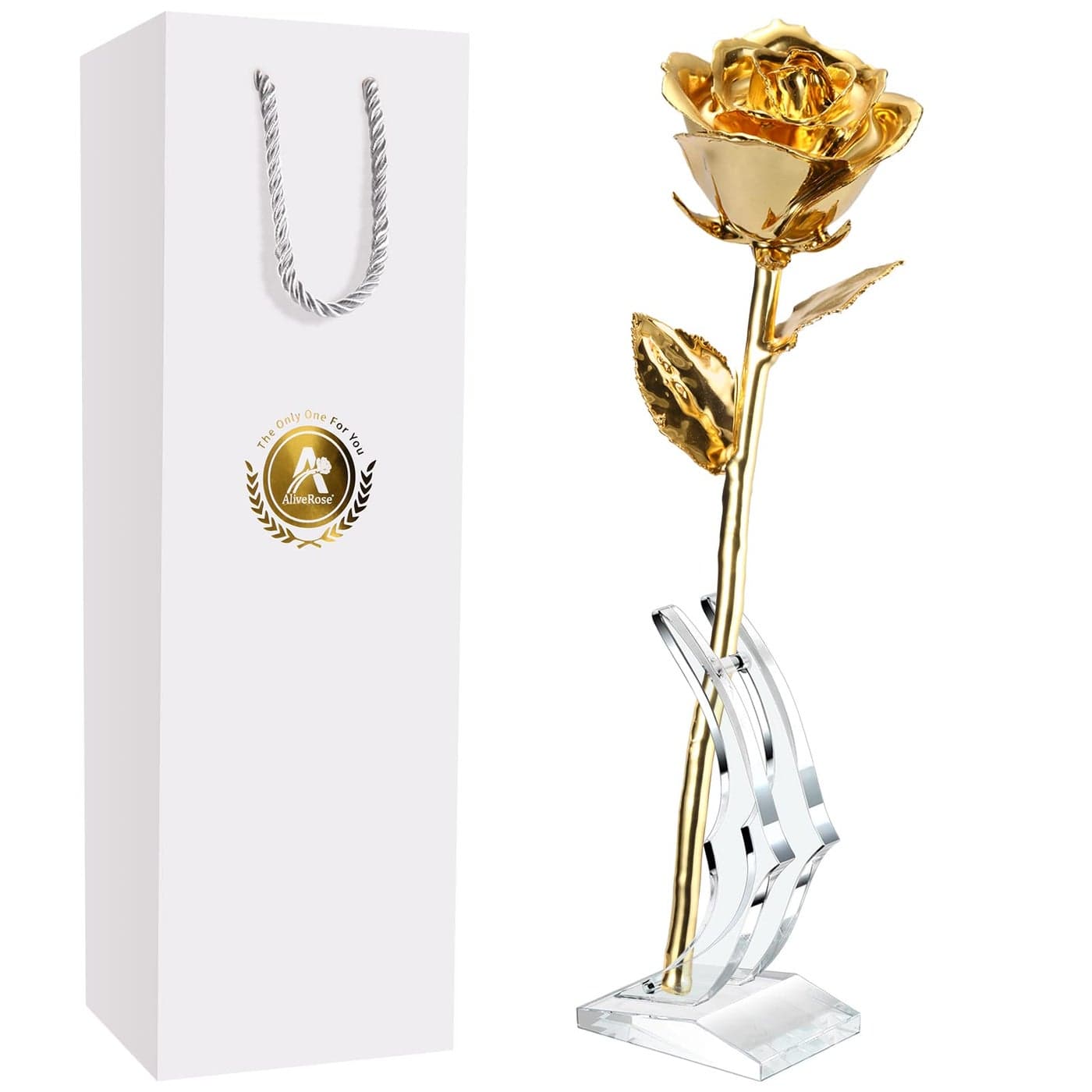 AliveRose 24k Gold Rose Golden Rose Made from Real Rose Unique Design Dipped Rose for Anniversary Valentines Mothers Day Birthday Gifts Golden Rose with Stand
