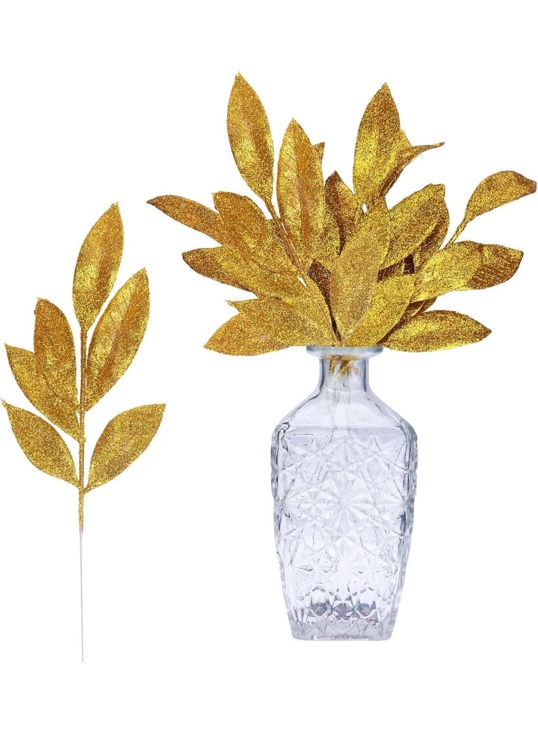 12 Pack Artificial Glitter Leaves 13" Fake Christmas Picks Decorative Glitter Sticks for Vase Christmas Tree DIY Wreath Crafts Fireplace Decor (Gold)