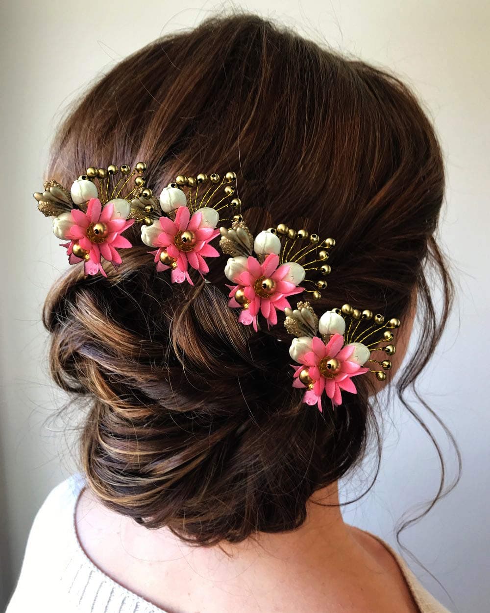 Hair Flare Flower and Beads Hair Pin/Artificial Flowers Hair Accessories For Women and Girls/Bridal Juda Pin, 2144 Baby Pink, Pack of 4