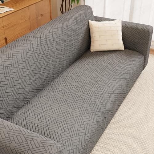 Lukzer 4 Seater Pastel Dark Grey Abstract Design Sofa Cover | 240 GSM Universal Stretch Fit Jacquard Fabric Couch Protector | Fully Covered Anti Slip & Washable Sofa Cover | (230-300cm/SC-171-04)