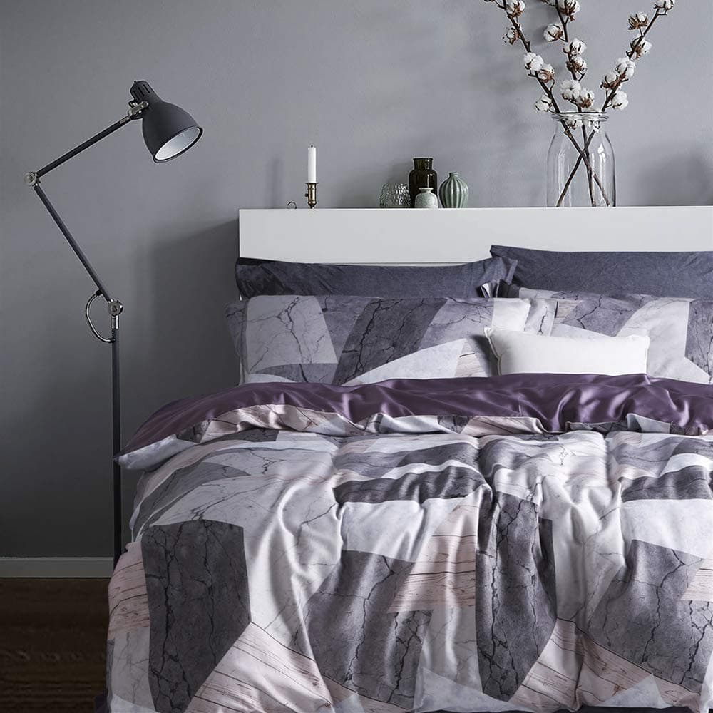 MILDLY 100 Long Staple Cotton Duvet Cover Set 3pcs Purple Geometric Marble Textured Pattern Printed Comforter Cover Set