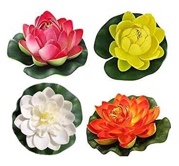 LOGRO Artificial Floating Lotus Foam Flowers with Rubber Leaf for Outdoor Indoor Home Wedding Aquariums Decoration Set of 4 Piece