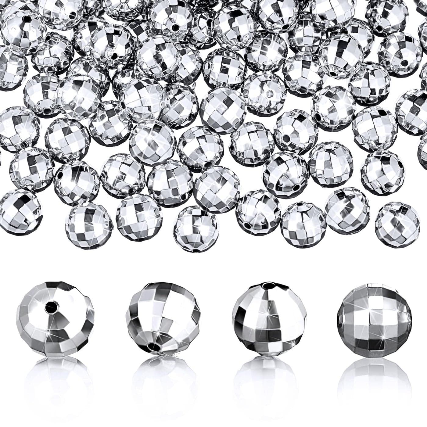 Poen 200 Pcs Disco Ball Beads Round Silver Reflective Mirrorball Charms Mini Disco Ball Bracelet Necklace Jewelry Earrings Making Pendants for 70s 80s Costume DJ Party DIY 10mm 8mm8 mm