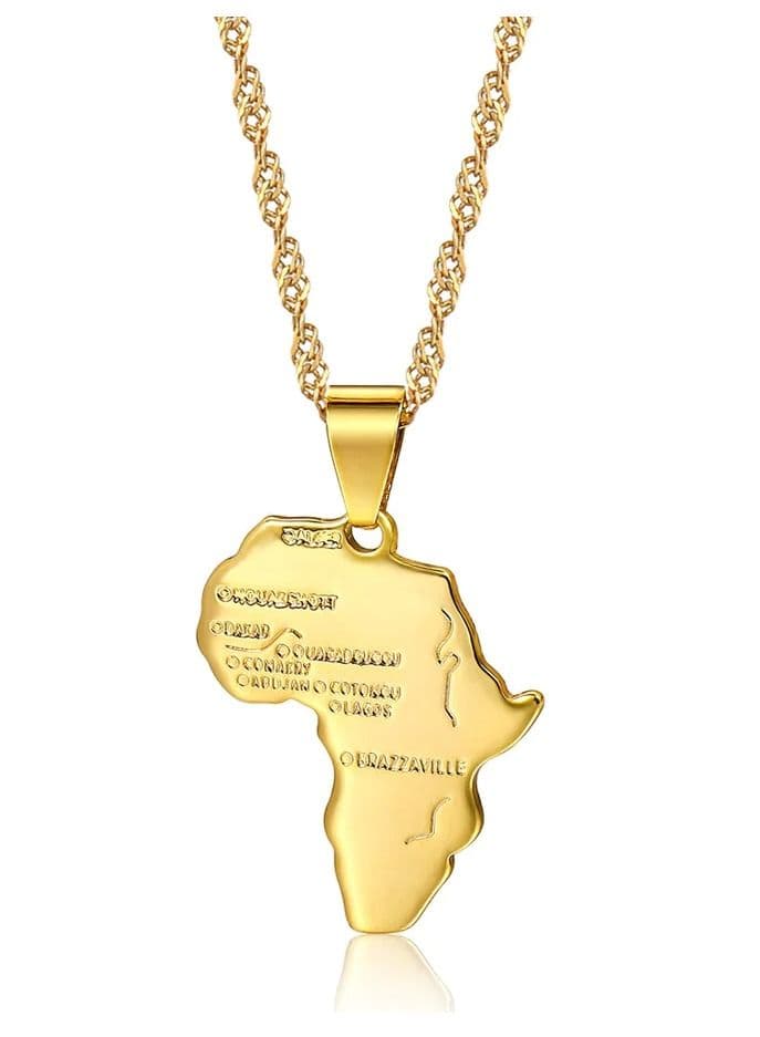 Africa Map Pendant and Letter Carved Design Map of Africa Shaped 18k Gold Plated Necklace, African gift for her, UNISEX African Pendant Gift