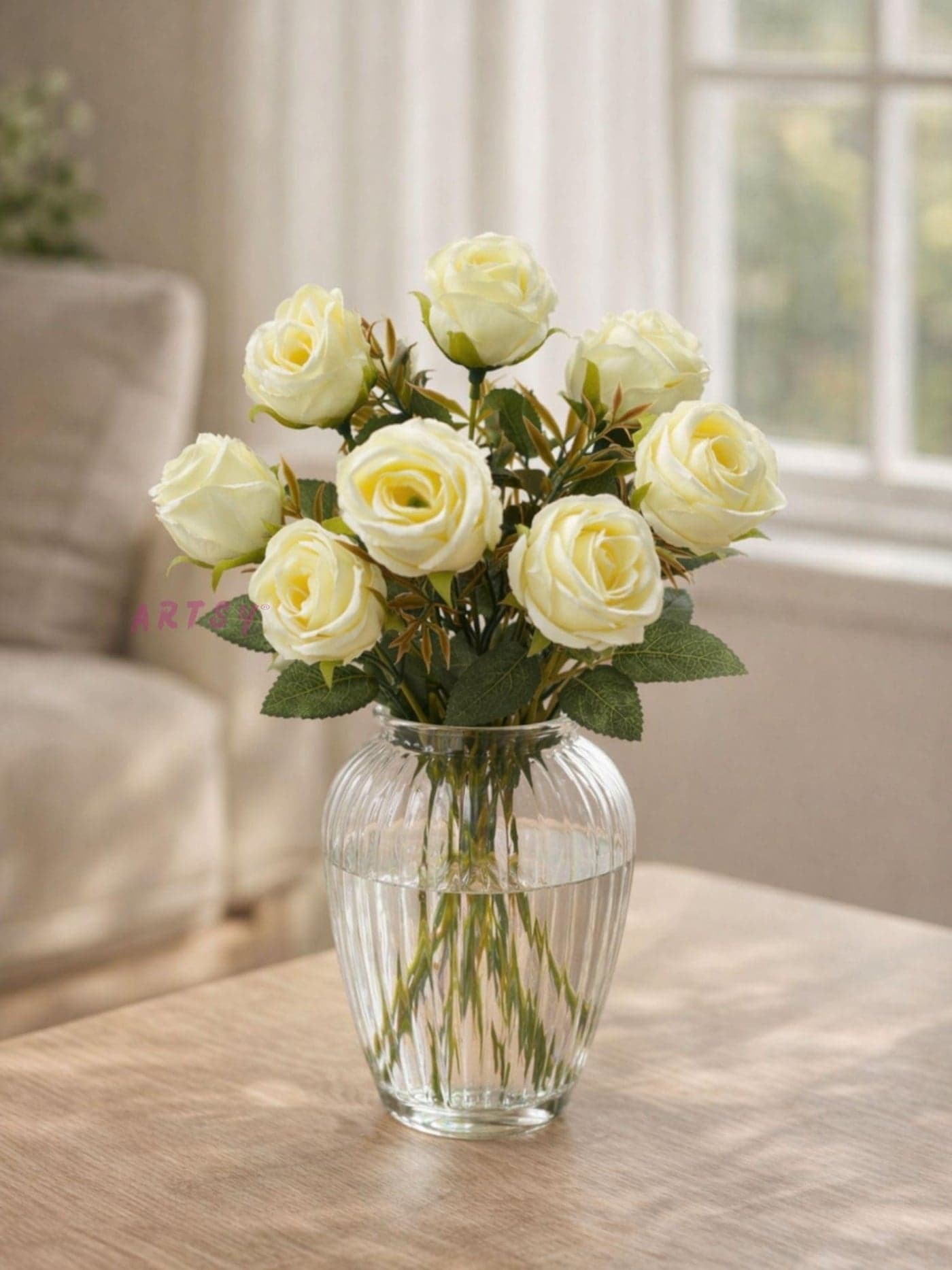 ARTSY® Artificial Flowers Bunch for Decoration Rose Flowers, Ideal for vase, Home, Office Decor, Gifts, Craft, Artificial Plants, Without vase, Combo, 1 Piece, White, 35 cm Height