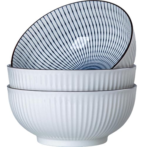 Yuanlity 60 oz Large Soup Bowls, Pho Bowls, 8 Inch Blue and White Ceramic Japanese Ramen Bowls Set of 3 - Striped Pattern