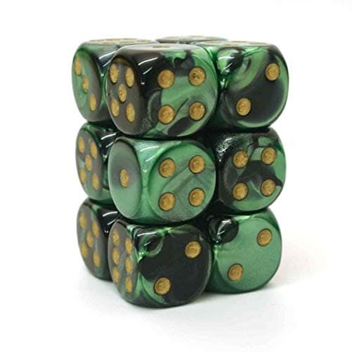 Chessex Dice d6 Sets Gemini Black Green with Gold 16mm Six Sided Die 12 Block of Dice