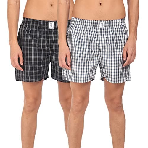 U.S. POLO ASSN. Mens Plaid Check Pure Cotton I691 Boxers - Pack of 2 (Black/White S)