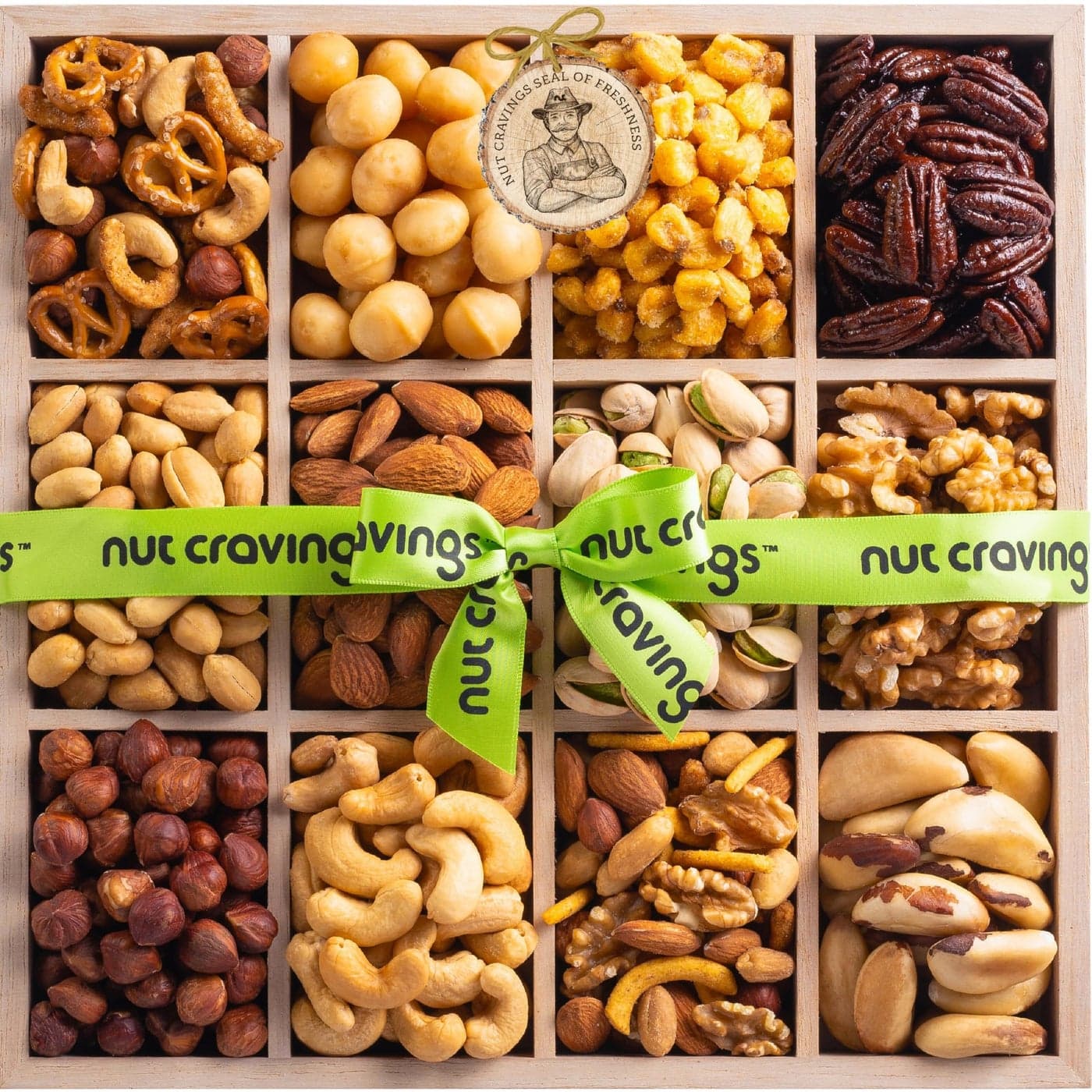 NUT CRAVINGS Diwali Sweets Hamper Mixed Nuts Gift Basket in Reusable Wooden Tray Green Ribbon 12 Assortments Food Arrangement Healthy Snack Care Package Food Assortments