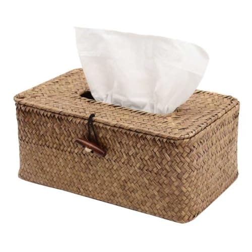 Shonmogar Country Rustic Seagrass & Metal Rectangle Tissue Box Cover, Woven Tissue Box Holder with Lid, Wicker Tissue Holder for Bathroom Toilet Living Room Bedroom Table Desk Home Office Car, Coffee