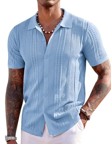 COOFANDY Mens Knit Button Up Shirt Short Sleeve Cuban Guayabera Shirts Lightweight Knitting Golf Shirts Light Blue Large