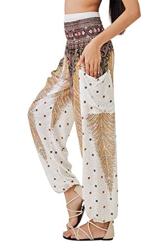 Joob Joob Boho Pants for Women - Hippie Harem Pants Women - Womens Yoga Pants – Comfy Bohemian Flowy Hippie Clothes - White Large