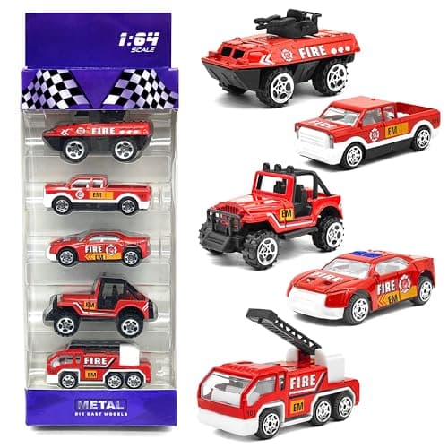 VGRASSP 1:64 Scale Mini Die Cast Alloy Metal Fire Department Vehicle Toy Set for Kids - Free Wheels Pretend Play Emergency Rescue Toy Cars for Boys and Girls - Set of 5