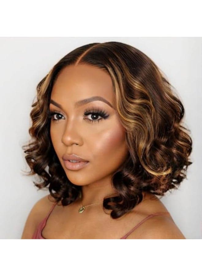 ISEE Wear Go Glueless Wigs Human Hair Pre Plucked Pre Cut Short Bob Body Wave Lace Front Wigs Human Hair for Women Upgraded Glueless Bob Wig 7x5 HD Lace Closure Wigs Highlight Ombre 12 Inch