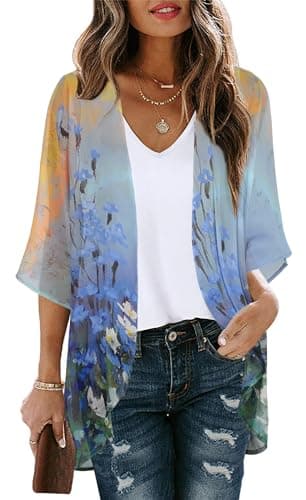 Womens Casual Tops Bathing Suit Cover Up Summer Kimono Cardigan Hawaiian Shirts (Sunset and Flowers, XL)