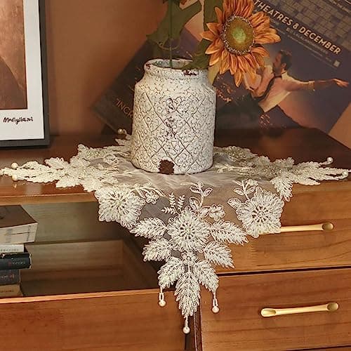 VIRFONOR Handmade Embroidery Beaded lace Doilies - Home Decor Mat for Coffee Table, Ornaments, Flower Pot, Home, Wedding Decoration, (23.6’’x23.6’’, Beige)