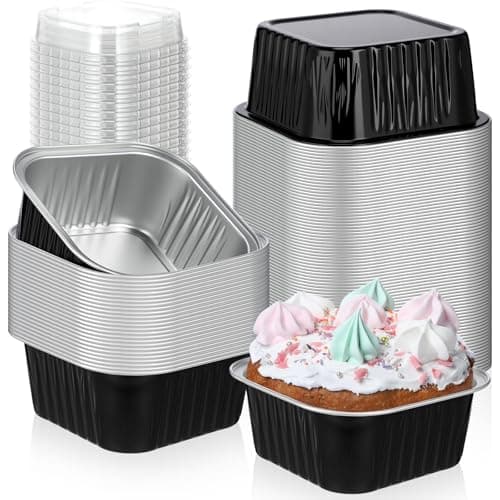 Skylety 100 Pcs 5 oz Mini Square Baking Pan with Lid Aluminum Foil Cupcake Pan Brownie Baking Cup Disposable Ramekins Individual Tin Dessert Containers for Kitchen (Black)