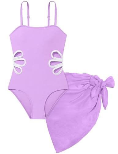 TALLWH Girls Swimsuits Size 10-12, Adjustable Straps Cut Out One Piece Swimsuit with Solid Color Cover Up Skirt Girls Bathing Suits Size 10-12