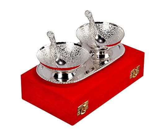 Alaukik Attractive Metal 5 pcs Bowl Set /2 Bowl,2 Spoon,1 Tray/Silver and Golden
