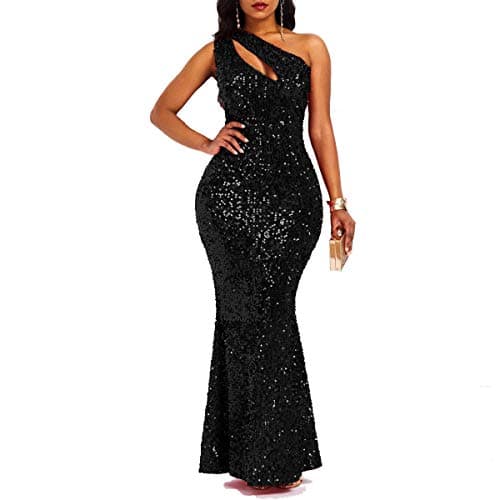 VERWIN Sequins Fashion Sleeveless Oblique Collar Mermaid Women's Maxi Dress Bodycon Dress Party Dress XXL Black