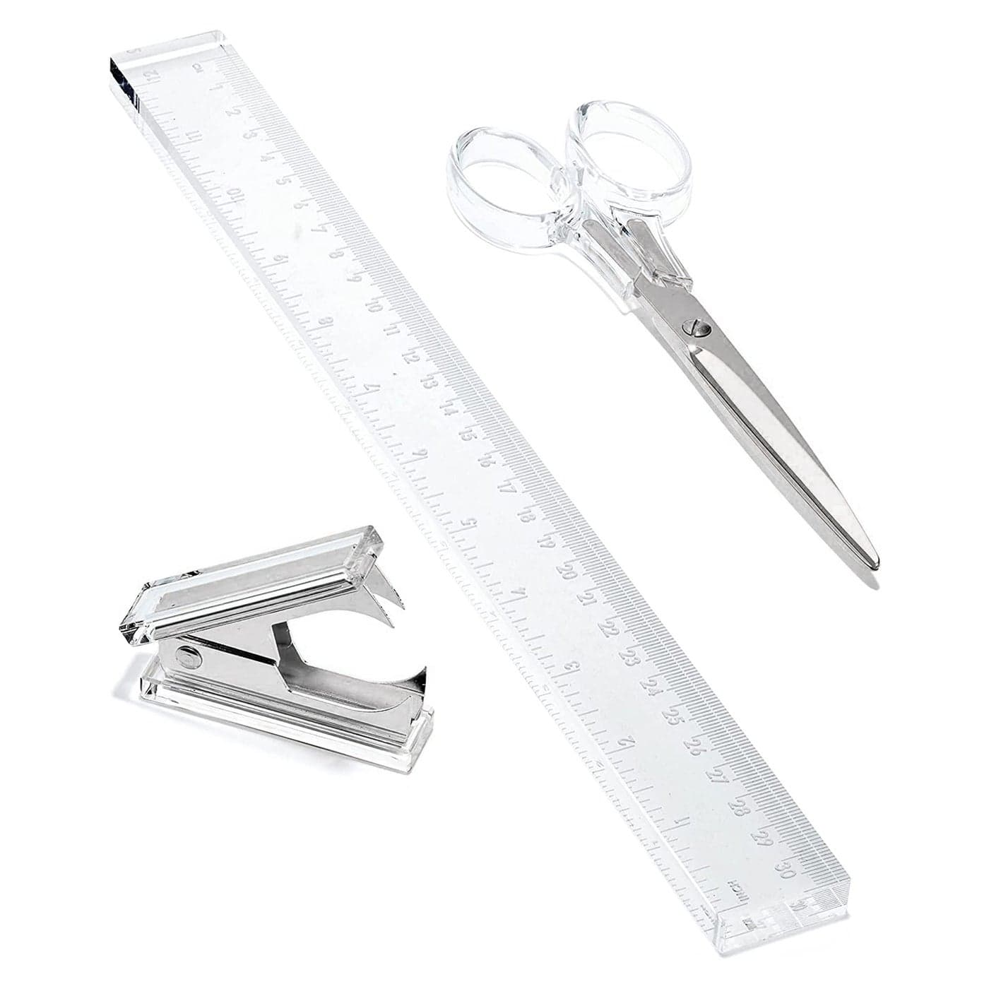 OfficeGoods 3 Piece Acrylic Desk Set Includes Ruler Staple Remover Scissors Functional Elegant Desk Accessories Stationary Tools for Home Office and School Silver