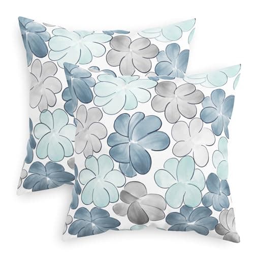 CaliTime Throw Pillow Covers Decorative 18 X 18 Inches Pack of 2 Cozy Fleece Blooming Flower Cushion Cases for Couch Bed Sofa Farmhouse Decoration Smoke Blue Grey
