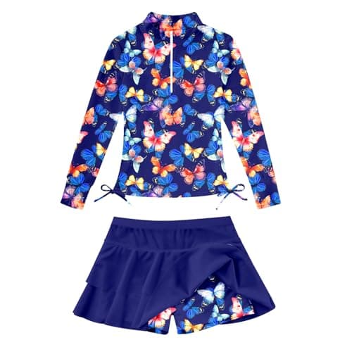 Kids Navy Blue Bathing Suits for Girl 5t 6t Butterfly's Swimsuits with Short Skirts 5-6 Years Little Girls Beach Quick Dry Rashguard Long Sleeve Shirts Size 5 6 Child UPF 50+ Sun Protection Sunsuits