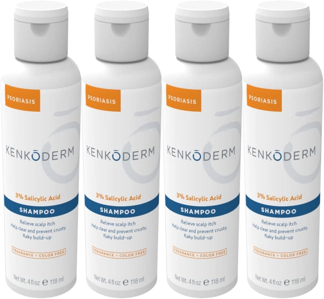 Kenkoderm Psoriasis Shampoo with 3% Salicylic Acid, 4 Oz, 4 Bottles, Therapeutic Seborrheic Dermatitis & Anti Dandruff Shampoo, Dermatologist Developed for Itchy, Dry Scalp, Fragrance & Color Free