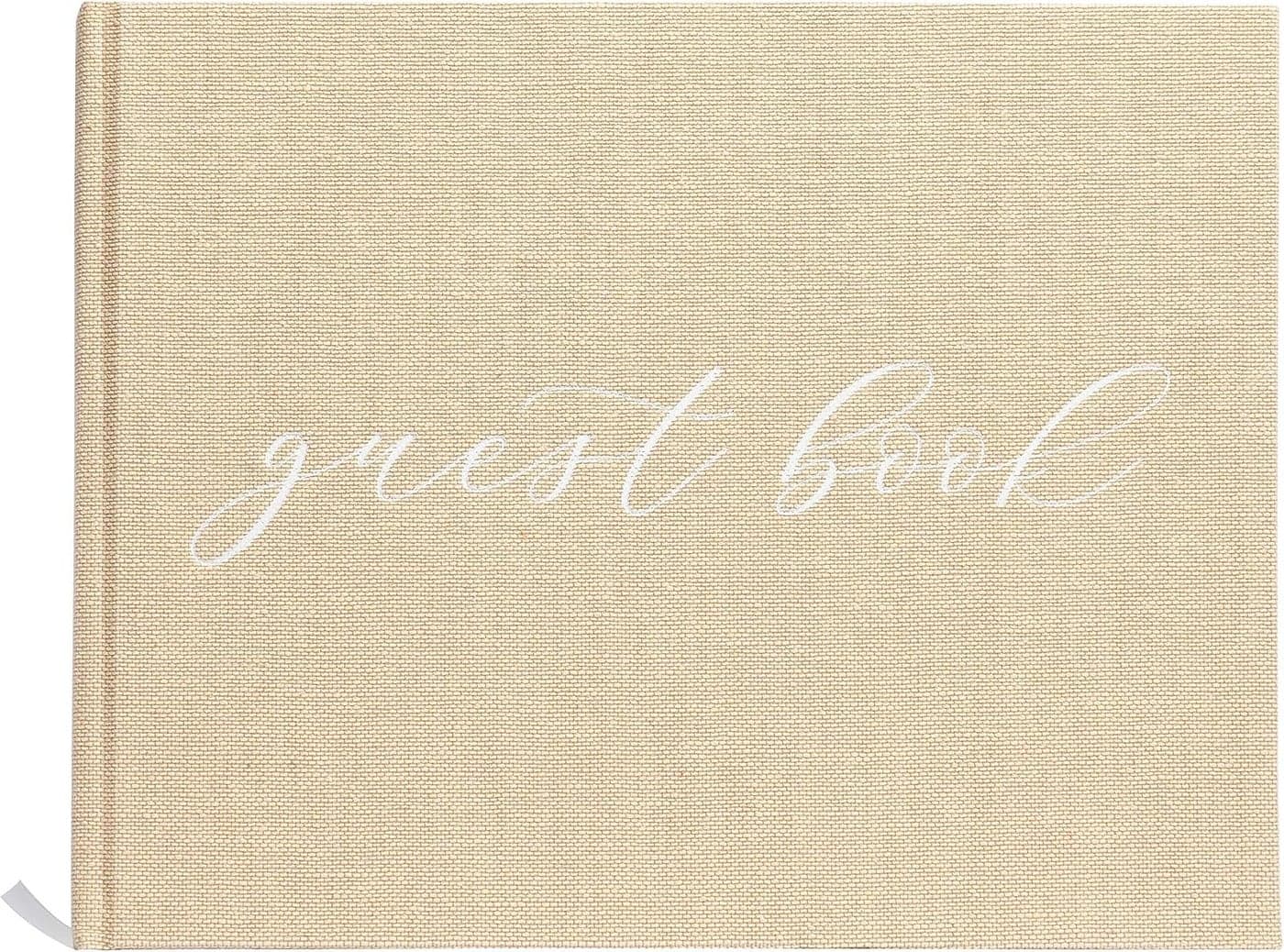 Pearhead Linen Wedding Guest Book with White Script Classic Elegant Wedding Decor Perfect for Bridal Showers and Weddings Includes Pen For Guests 100 Pages 7x9 Beige Burlap