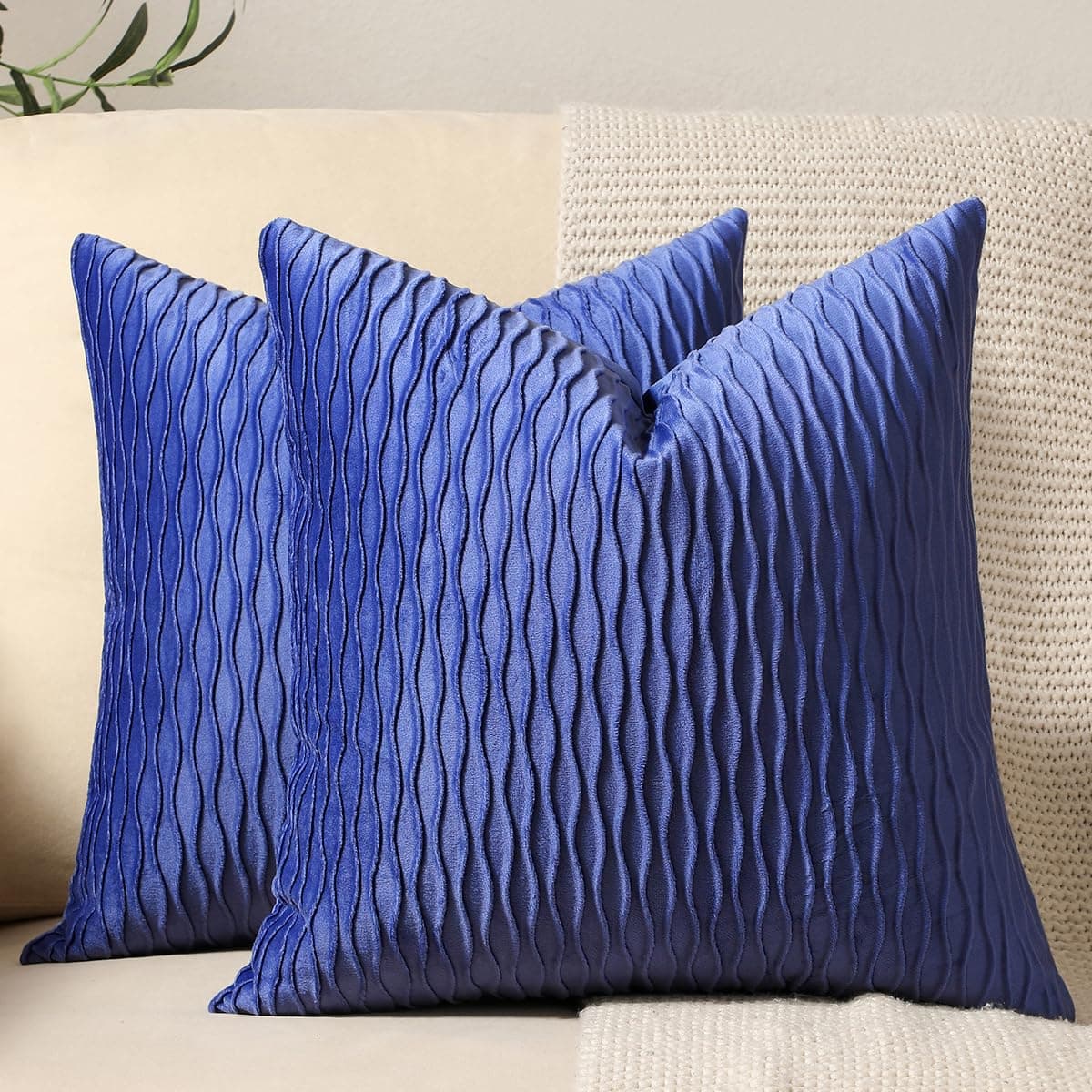 DEZENE 18x18 Blue Throw Pillow Covers 2 Pack Original Striped Velvet Square Decorative Pillow Cases for Farmhouse Couch