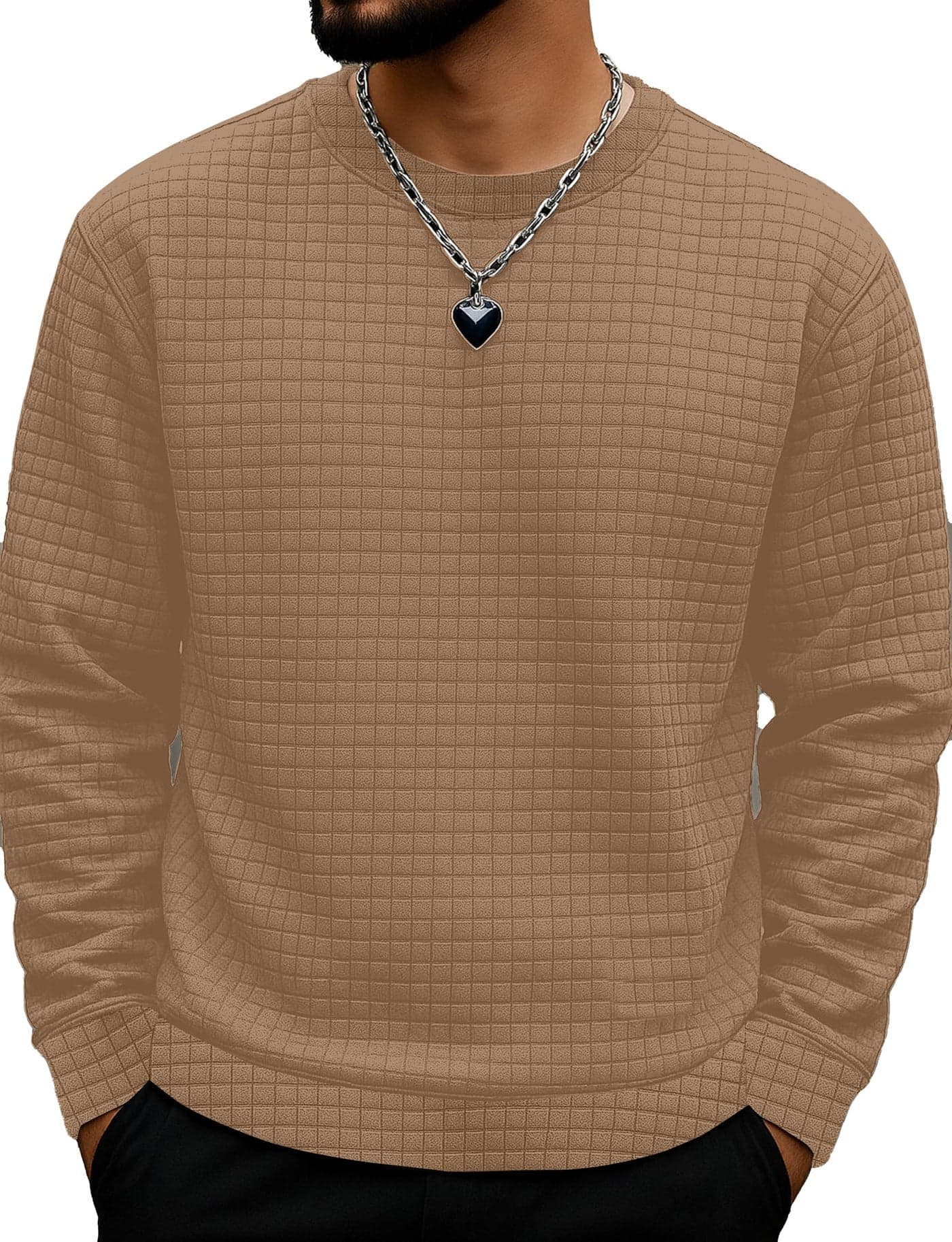 KAJARU Quilted Pattern Long Sleeve Sweatshirt, Round Neck, Men's Casual Pullover, Grey, Black, Beige (in, Alpha, XL, CHIKU)