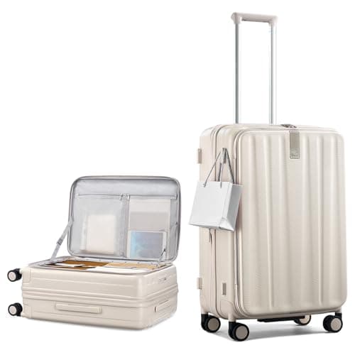 Hanke 24 Inch Expandable Luggage Top Opening Checked Bag Luggage Hard Shell Suitcases with Wheels Lightweight Travel Luggage Medium Suitcase with Lock for Woman Men-Ivory White