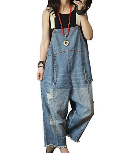 YESNO Women Casual Loose Cropped Denim Jumpsuits Rompers 90s Jeans Overalls Distressed Ripped Fringed/Pockets S P49 Blue