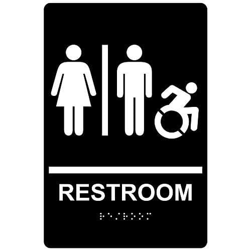 ComplianceSigns.com Dynamic Accessibility Unisex Restroom Sign with Braille and Raised Letters, 9x6 inch Black Acrylic with Adhesive Mounting Strips