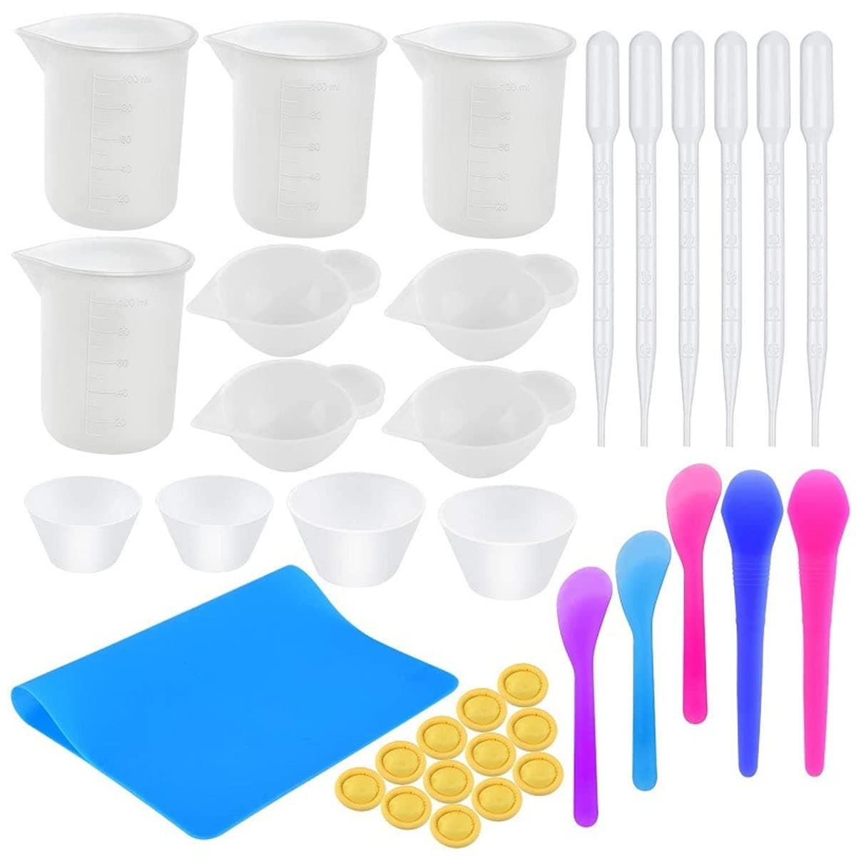 HASTHIP Silicone Resin Measuring Cups Kit with Mixing Bowl Stir Sticks Spoons Droppers Finger Cots Coloring Cups Silicone Mould Measurement Cups for DIY Resin Craft Jewelry Making36pcs