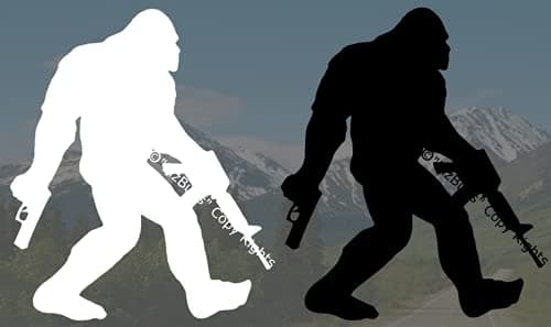 2 Pack Bigfoot Guns Decal Carrying ARNRA Guns Decal Vinyl Sticker Perfect Size 55 H x 42 W 1 White 1 Black Sasquatch Funny Sticker for Cars Trucks Vans Walls Laptop