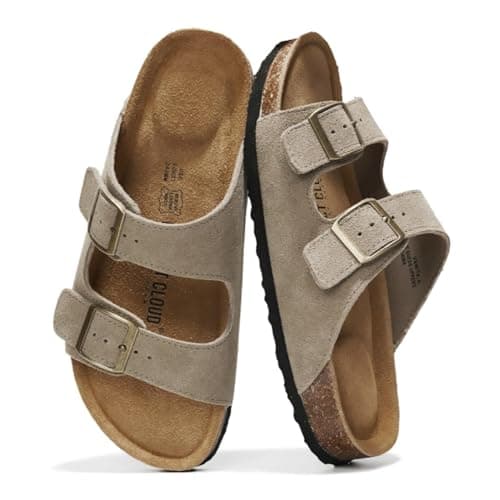 Project Cloud Genuine Leather Flat Sandals Women 2025 Beach Essentials Womens Sandals Memory Foam Vacation Essentials Slides for Women Footwear (Venita, taupsu, 5.5)