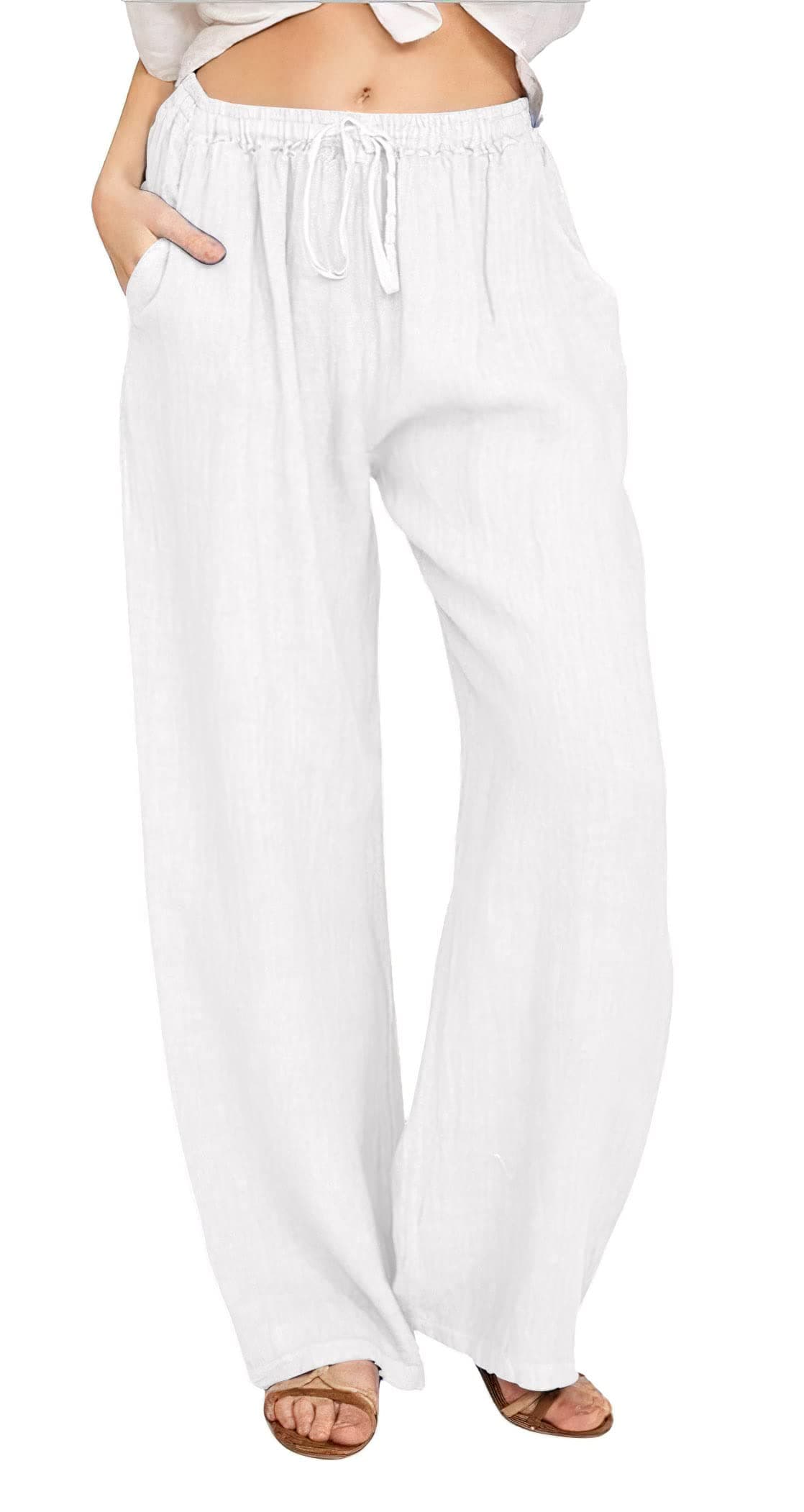 CHARTOU Women's Summer Drawstring Waist Wide Leg Loose Cotton Linen Palazzo Pants (Small, White)