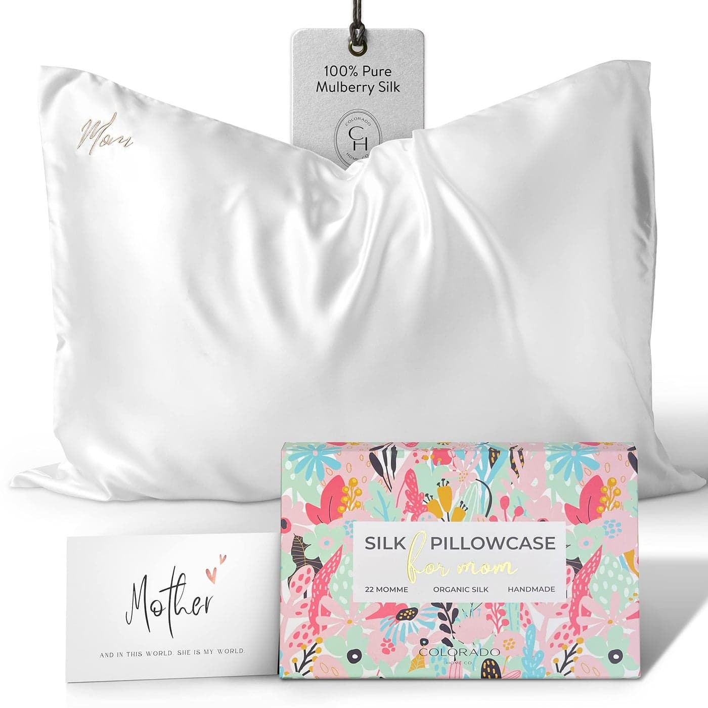 I Love You Mom Silk Pillowcase with Mom Embroidery for Mothers Day for Mom Wife Daughter or Sister Mothers Day Insert Card with Gift Box