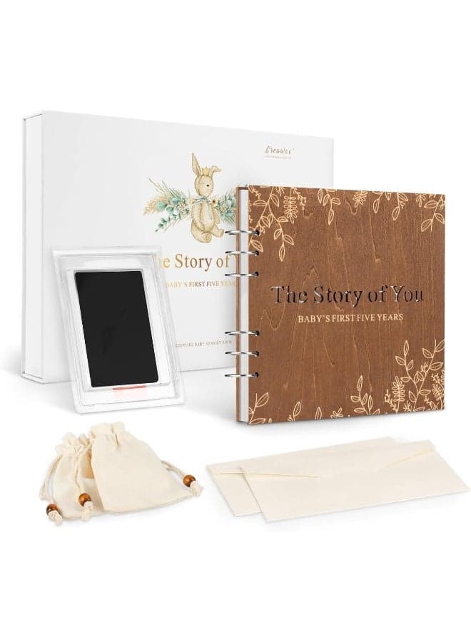 Wooden Keepsake Baby Memory Book Box Boys & Girls, First 5 Years Baby Milestone Book Gender Neutral Journal Memory Scrapbook, Baby Shower Keepsake Gift Set