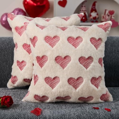 DFXSZ Valentines Pillow Covers 18x18 inch Set of 2 Valentines Day Decoration Red Embroidery Heart Soft Plush Faux Fur Jacquard Beige Throw Pillowcase for Bedroom Sofa Holiday Home Decor PTK073C18